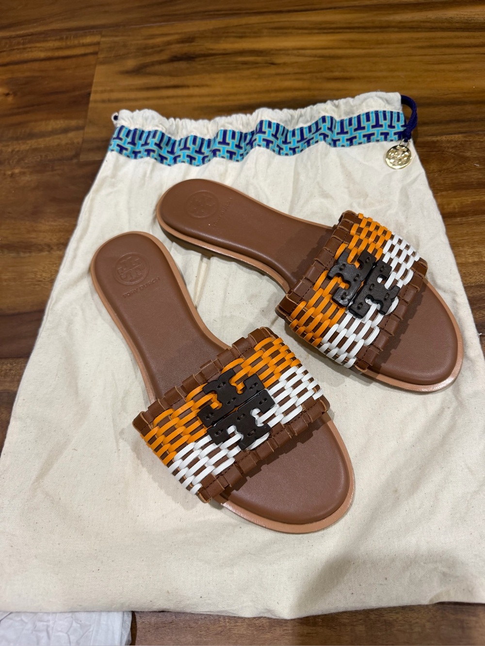 Tory Burch Woven Leather Slide Sandals in Brown, Orange & White size 7